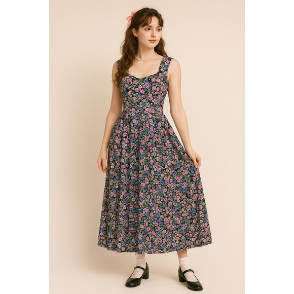 VTG 1980s Floral Maxi Dress Sweetheart Neck Black Multicolor Rayon Size 9 Medium - Picture 3 of 16